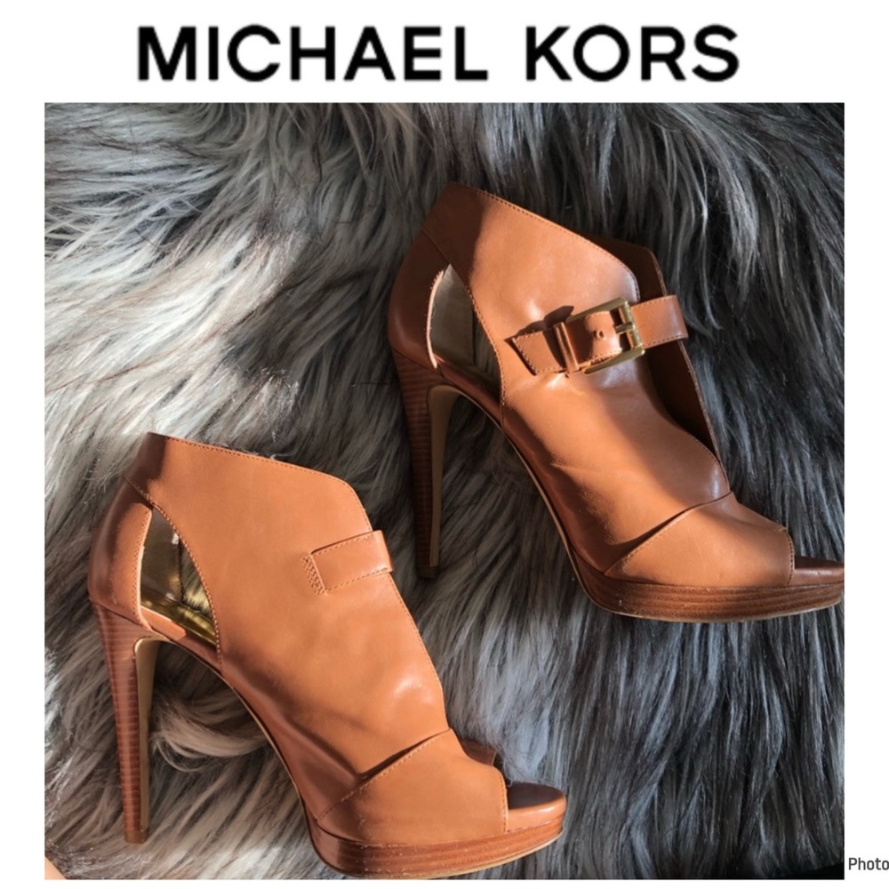 Michael Kors Genuine Leather Tan Caramel Peep Toe Booties